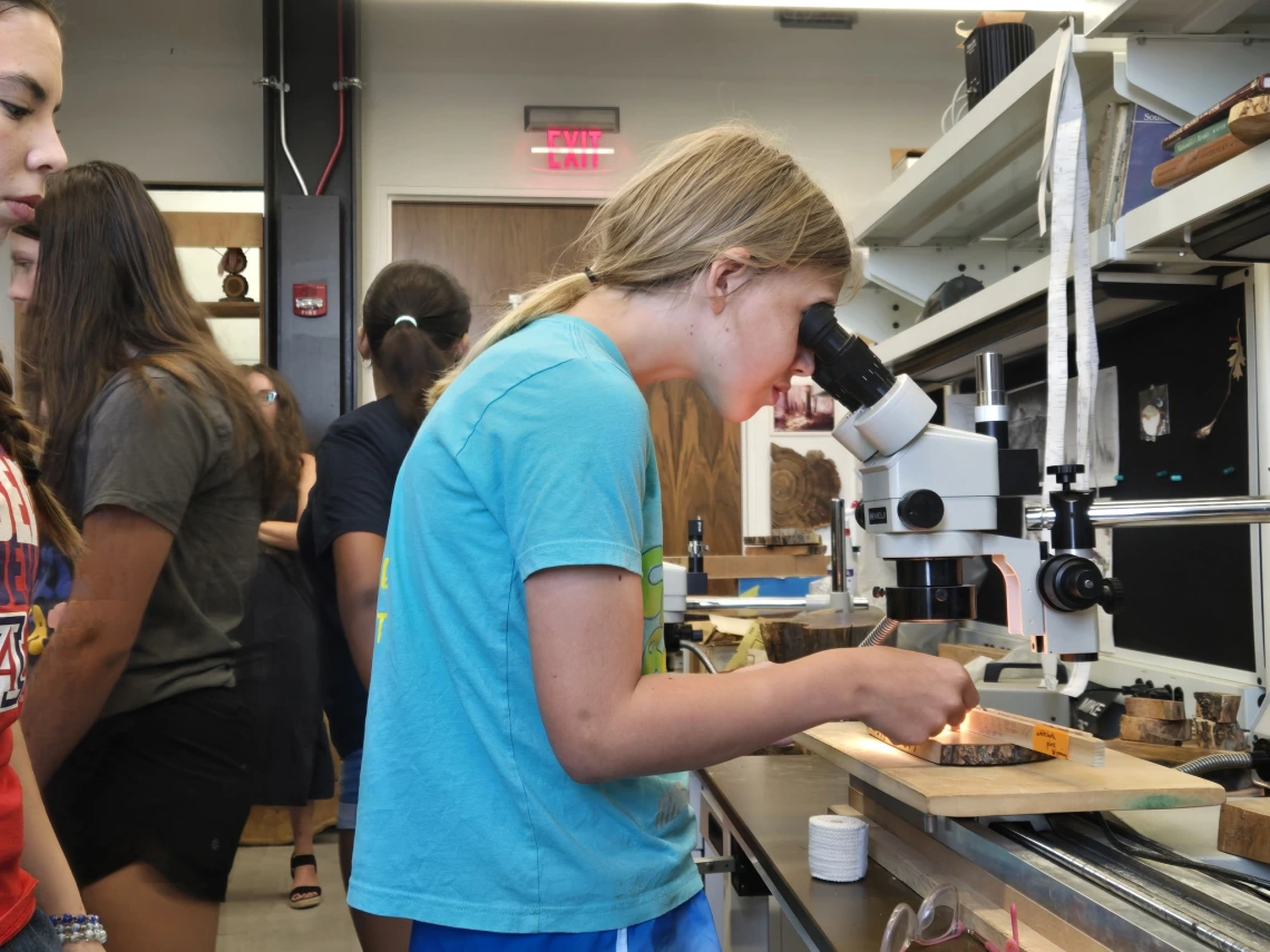 Young learner examines the cross section beneath the microscope.